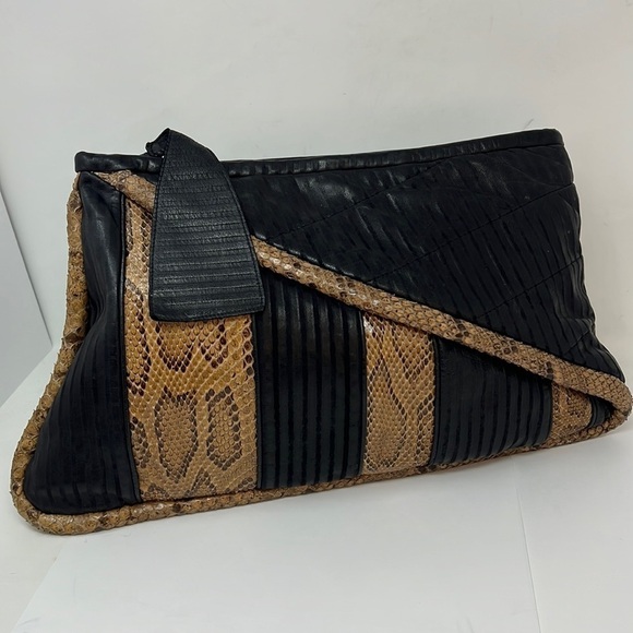 Handbags - Leather and Snakeskin Lightly Padded Large Zippered 1980’s Clutch Bag
